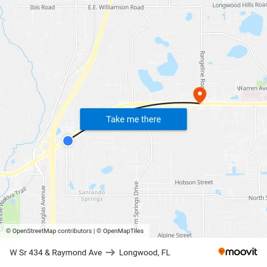 W Sr 434 & Raymond Ave to Longwood, FL map