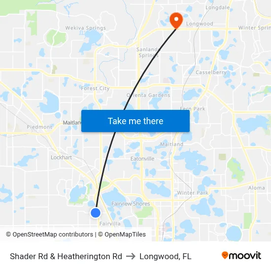 Shader Rd & Heatherington Rd to Longwood, FL map