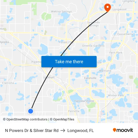 N Powers Dr & Silver Star Rd to Longwood, FL map