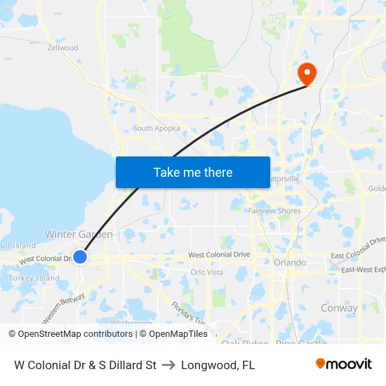 W Colonial Dr & S Dillard St to Longwood, FL map