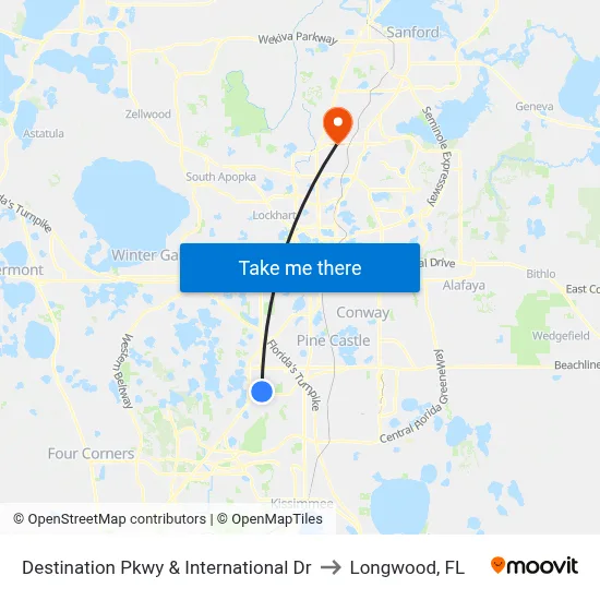 Destination Pkwy & International Dr to Longwood, FL map
