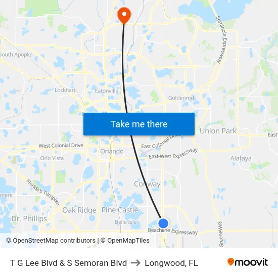 T G Lee Blvd & S Semoran Blvd to Longwood, FL map