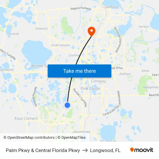 Palm Pkwy & Central Florida Pkwy to Longwood, FL map