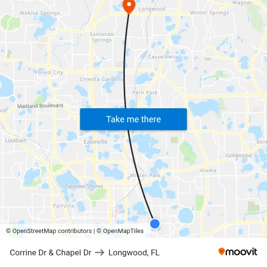 Corrine Dr & Chapel Dr to Longwood, FL map