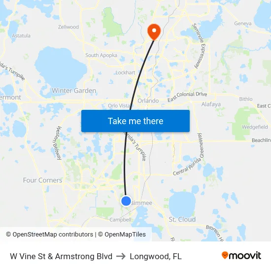 W Vine St & Armstrong Blvd to Longwood, FL map