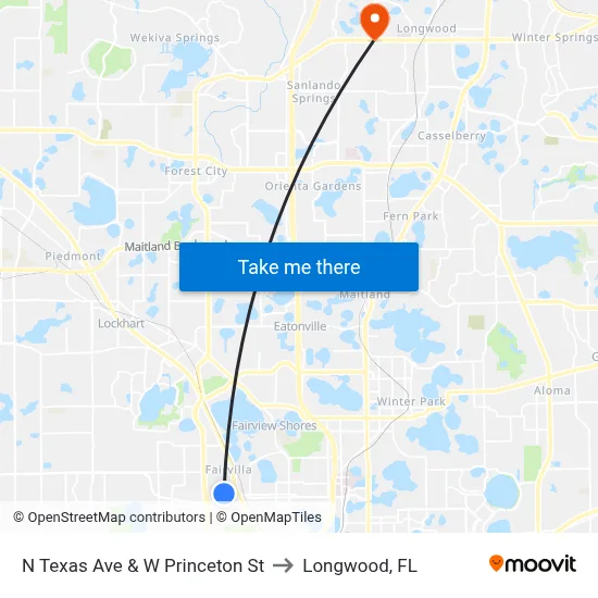N Texas Ave & W Princeton St to Longwood, FL map