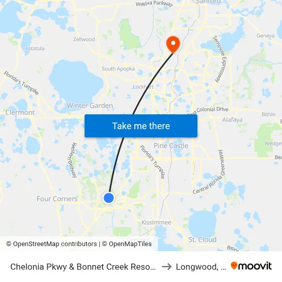 Chelonia Pkwy & Bonnet Creek Resort Ln to Longwood, FL map