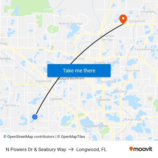 N Powers Dr & Seabury Way to Longwood, FL map