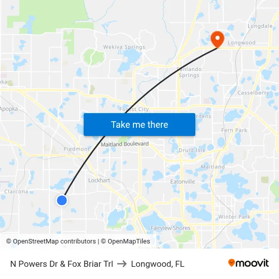 N Powers Dr & Fox Briar Trl to Longwood, FL map
