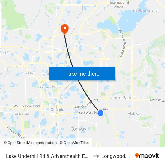 Lake Underhill Rd & Adventhealth East to Longwood, FL map