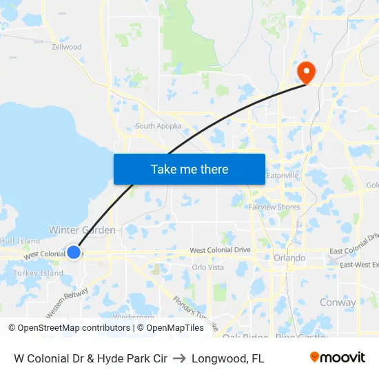 W Colonial Dr & Hyde Park Cir to Longwood, FL map