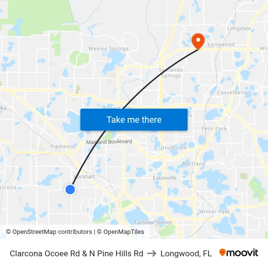 Clarcona Ocoee Rd & N Pine Hills Rd to Longwood, FL map