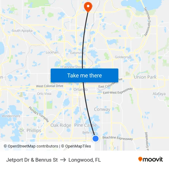 Jetport Dr & Benrus St to Longwood, FL map