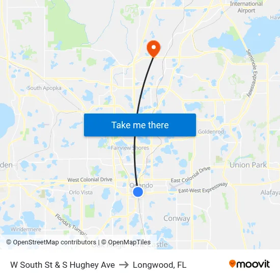 W South St & S Hughey Ave to Longwood, FL map