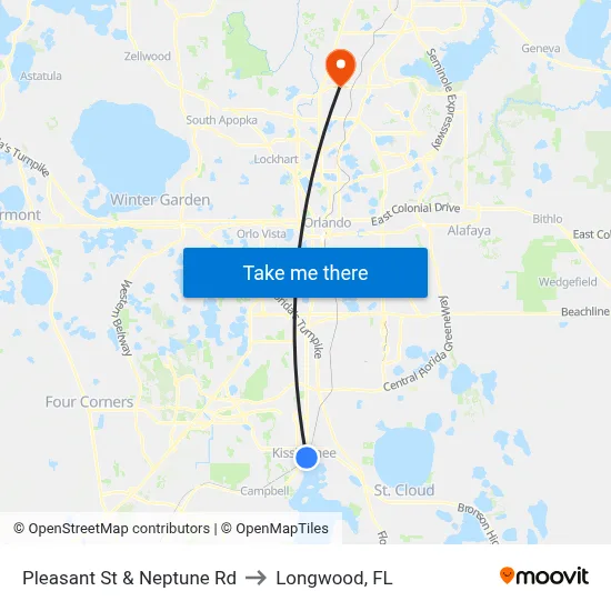 Pleasant St & Neptune Rd to Longwood, FL map