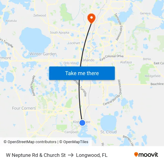 W Neptune Rd & Church St to Longwood, FL map