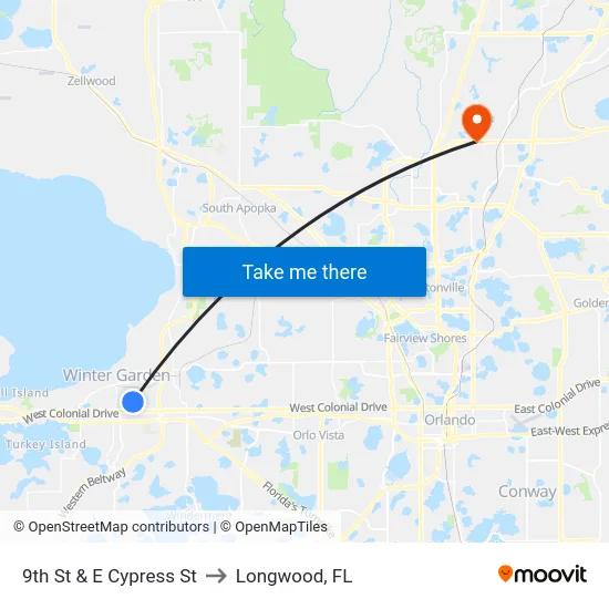 9th St & E Cypress St to Longwood, FL map