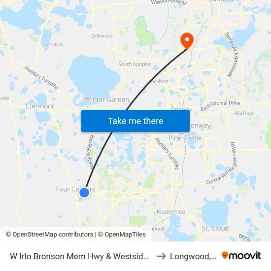 W Irlo Bronson Mem Hwy & Westside Blvd to Longwood, FL map