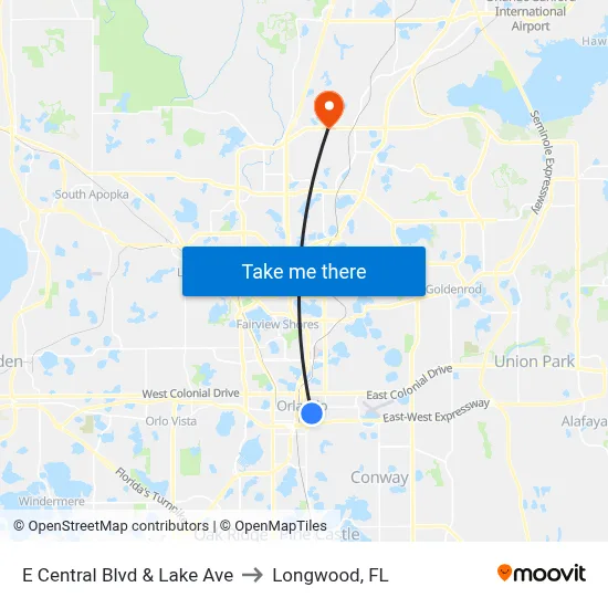 E Central Blvd & Lake Ave to Longwood, FL map