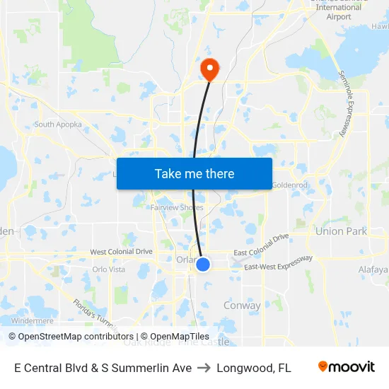 E Central Blvd & S Summerlin Ave to Longwood, FL map