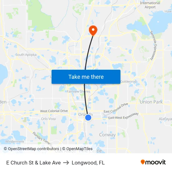 E Church St & Lake Ave to Longwood, FL map
