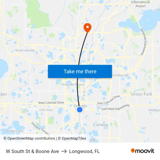 W South St & Boone Ave to Longwood, FL map