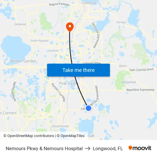 Nemours Pkwy & Nemours Hospital to Longwood, FL map