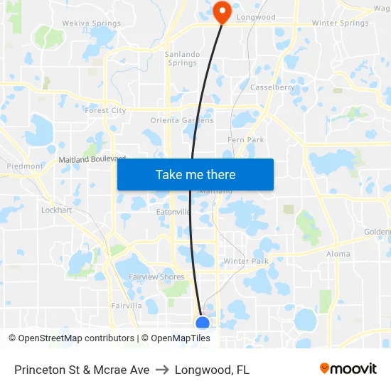 Princeton St & Mcrae Ave to Longwood, FL map