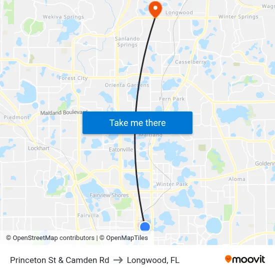 Princeton St & Camden Rd to Longwood, FL map