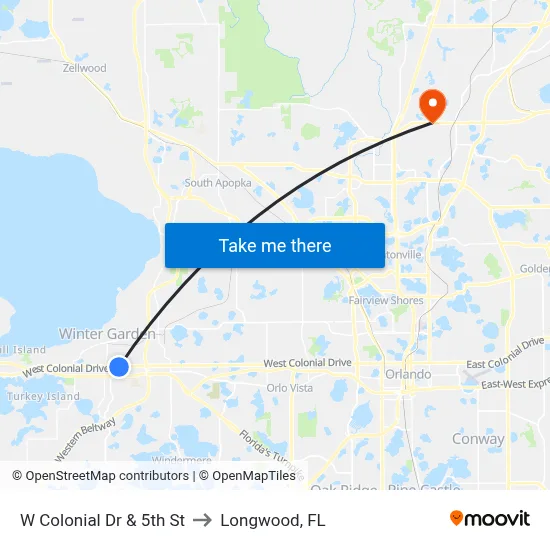 W Colonial Dr & 5th St to Longwood, FL map