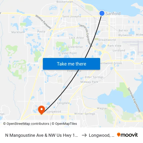 N Mangoustine Ave & NW Us Hwy 17-92 to Longwood, FL map