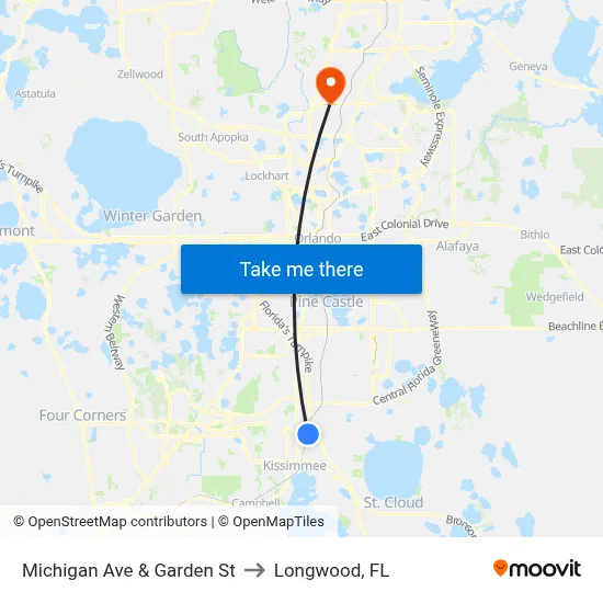 Michigan Ave & Garden St to Longwood, FL map