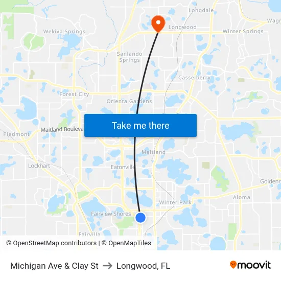 Michigan Ave & Clay St to Longwood, FL map