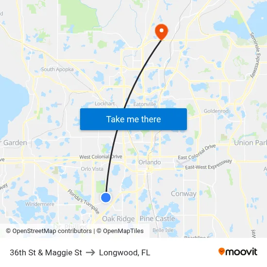 36th St & Maggie St to Longwood, FL map