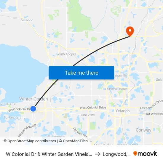 W Colonial Dr & Winter Garden Vineland Rd to Longwood, FL map