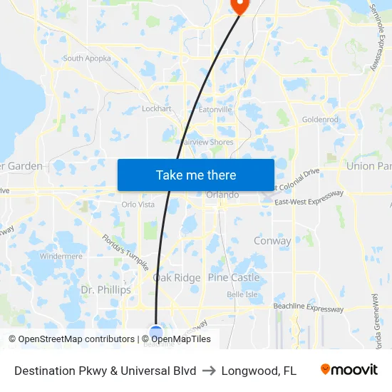 Destination Pkwy & Universal Blvd to Longwood, FL map
