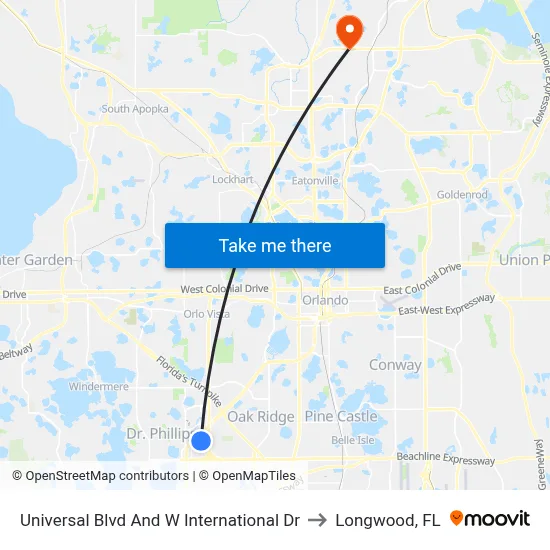 Universal Blvd And W International Dr to Longwood, FL map