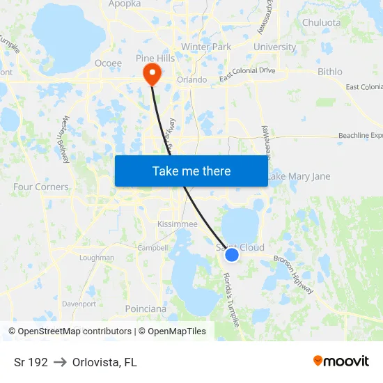 Sr 192 to Orlovista, FL map