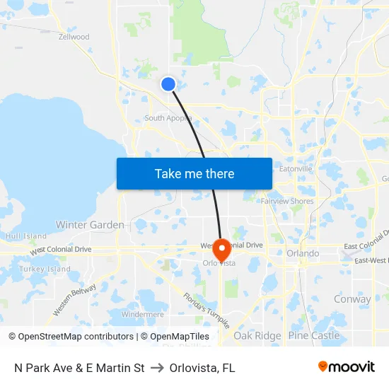 N Park Ave & E Martin St to Orlovista, FL map