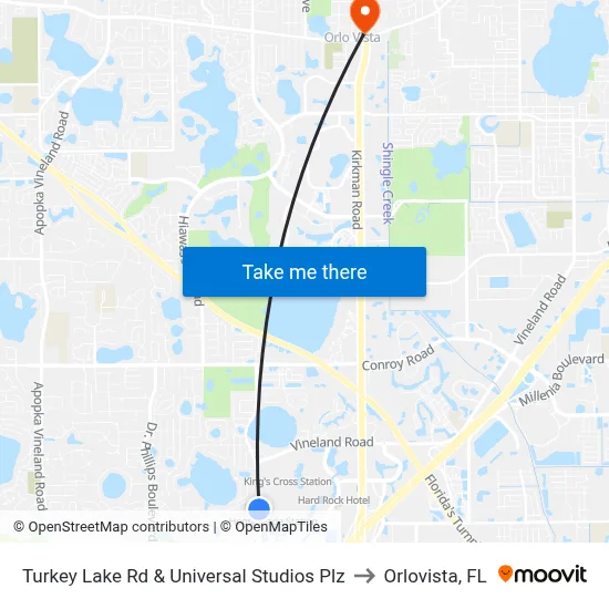 Turkey Lake Rd & Universal Studios Plz to Orlovista, FL map