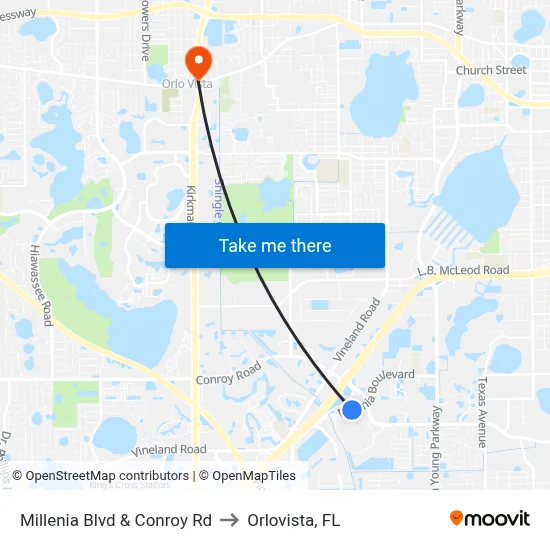 Millenia Blvd & Conroy Rd to Orlovista, FL map