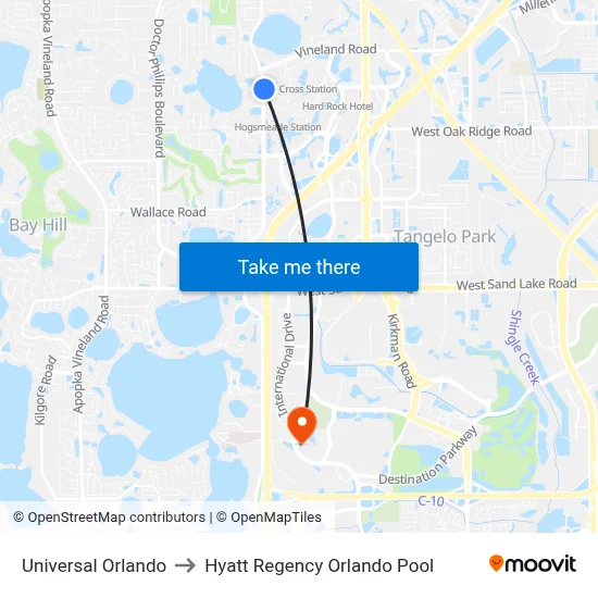 Universal Orlando to Hyatt Regency Orlando Pool map