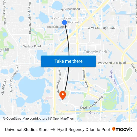 Universal Studios Store to Hyatt Regency Orlando Pool map