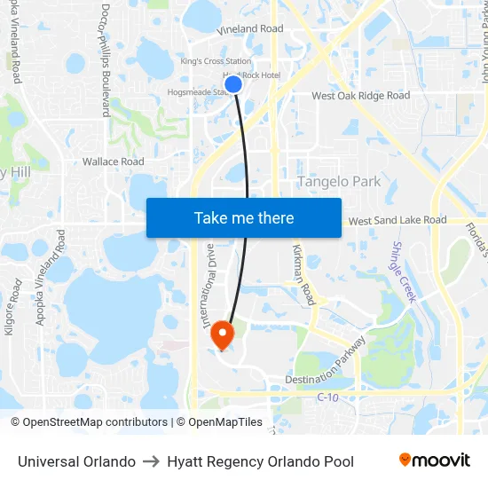 Universal Orlando to Hyatt Regency Orlando Pool map
