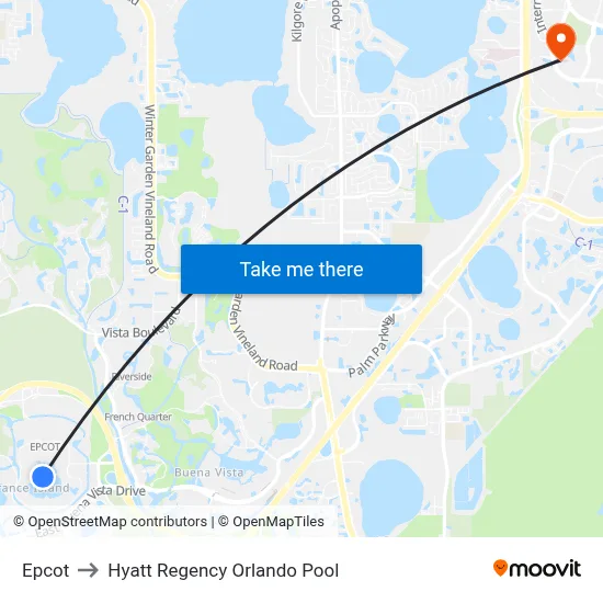 Epcot to Hyatt Regency Orlando Pool map