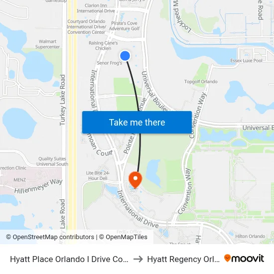 Hyatt Place Orlando I Drive Convention Center to Hyatt Regency Orlando Pool map