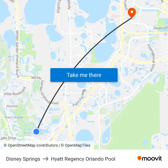 Disney Springs to Hyatt Regency Orlando Pool map