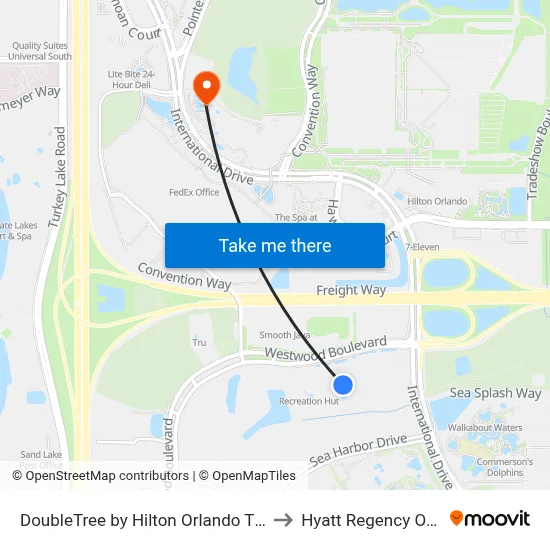 DoubleTree by Hilton Orlando Theme Park Resort to Hyatt Regency Orlando Pool map