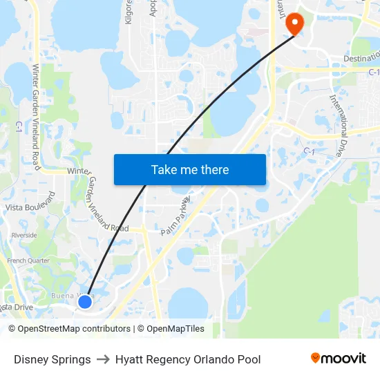 Disney Springs to Hyatt Regency Orlando Pool map