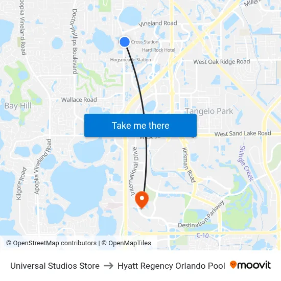 Universal Studios Store to Hyatt Regency Orlando Pool map